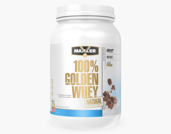 A photo of 100% Golden Whey Natural chocolate 2lb container.