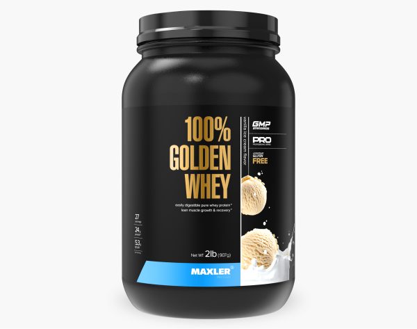 A photo of 100% Golden Whey vanilla 2lb container.