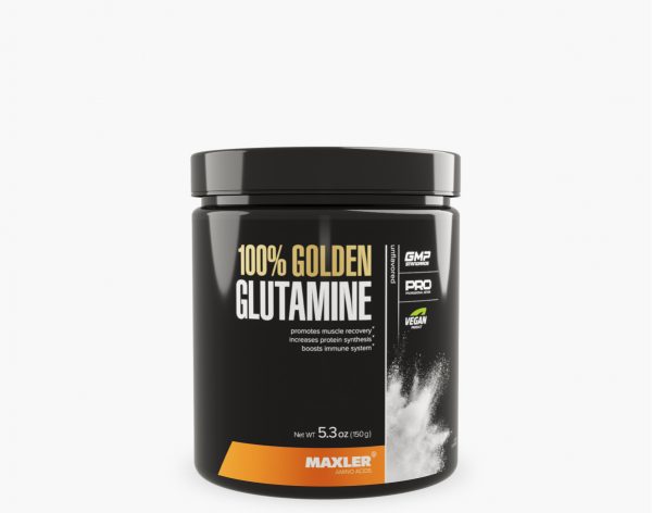 A photo of 100% golden glutamine container on a white background.