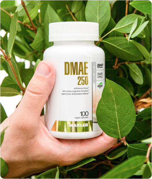 An image of a hand holding a DMAE 250 bottle between the leaves.