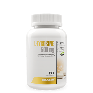 A picture of white bottle with L-Tyrosine capsules.