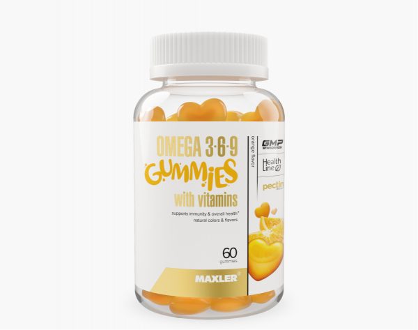 A photo of a transparent bottle with Omega 3-6-9 Gummies inside ona white background.
