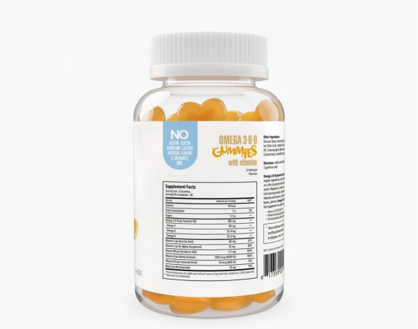 A close-up photograph of the label on the bottle of Omega 3-6-9 Gummies, with text describing the product's ingredients and benefits.
