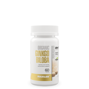 A photo of white bottle with Organic Ginkgo Biloba.