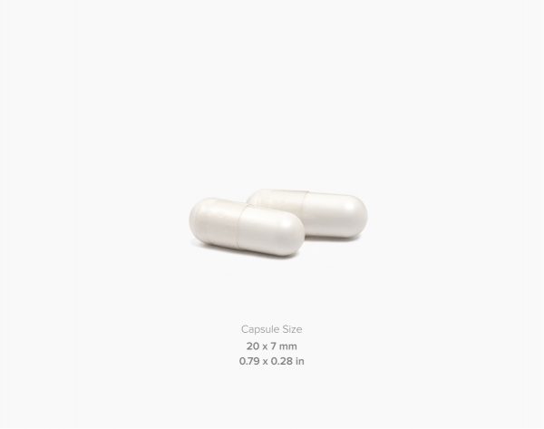 A picture of two white Trans Resveratrol capsules.