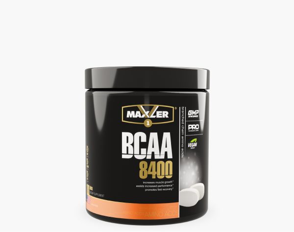 A photo of BCAA 8400 180 tabs container on a white background.